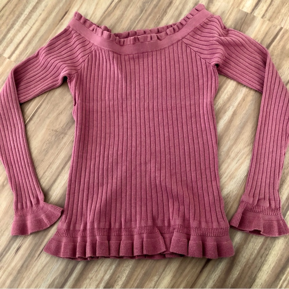 Miss Selfridge off the shoulder ribbed knit top with ruffled sleeves